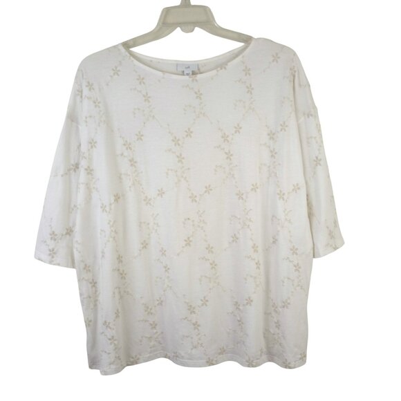 J Jill Floral Embroidered Boat Neck 3/4 Sleeve Ivory Cotton Blend Tee - Picture 3 of 7